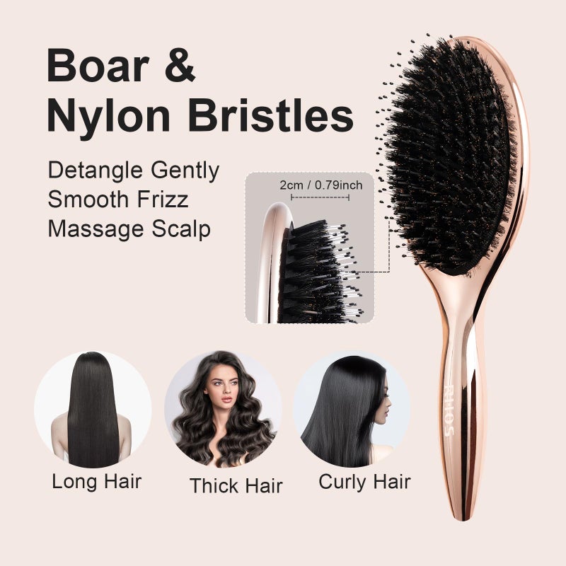 RHOS Boar and Nylon Bristle Hair Brush for Long, Curly, Thick Hair, Soft Natural Bristle Detangling Brush, Smooth & Shine, Set Includes Rat Tail Comb, Storage Bag (0.79inch Bristle) - Image 3